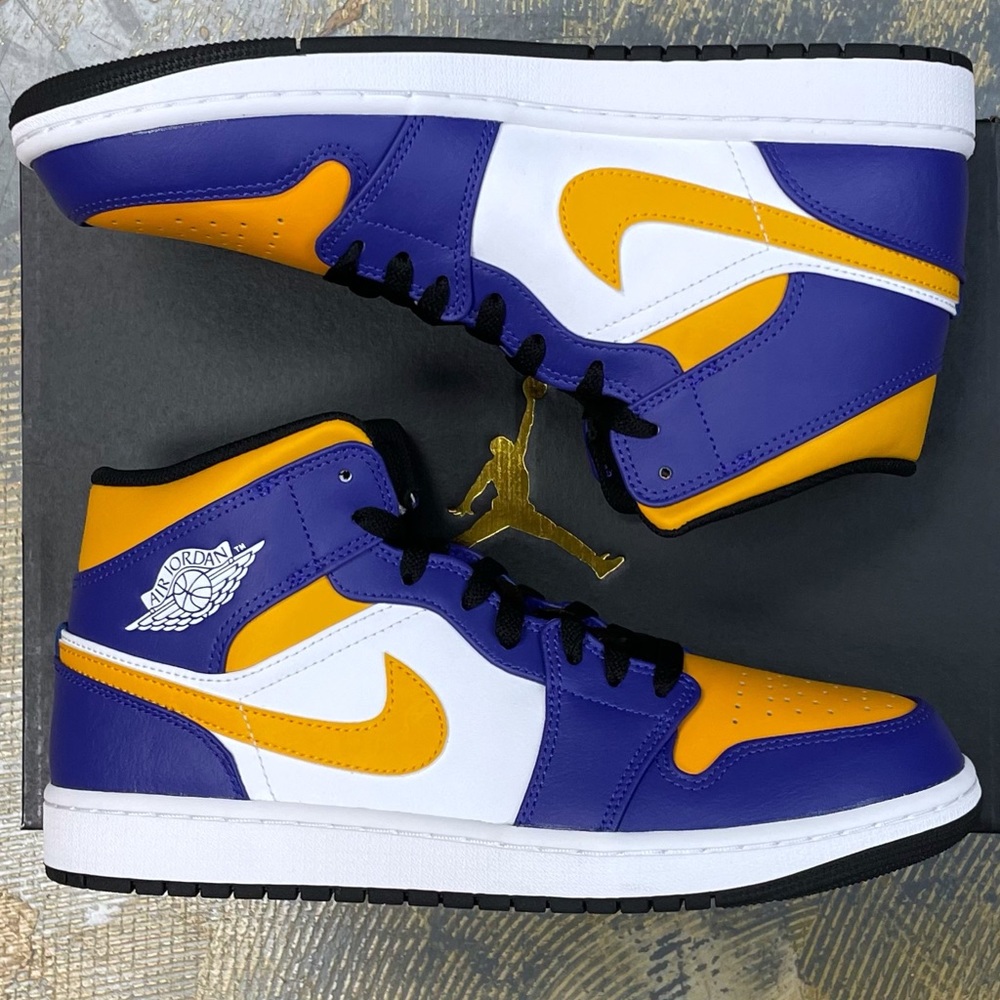 Nike Air Jordan 1 Mid Lakers DQ8426-517 10 Los Angeles Dark Concord Taxi - Picture 2 of 11